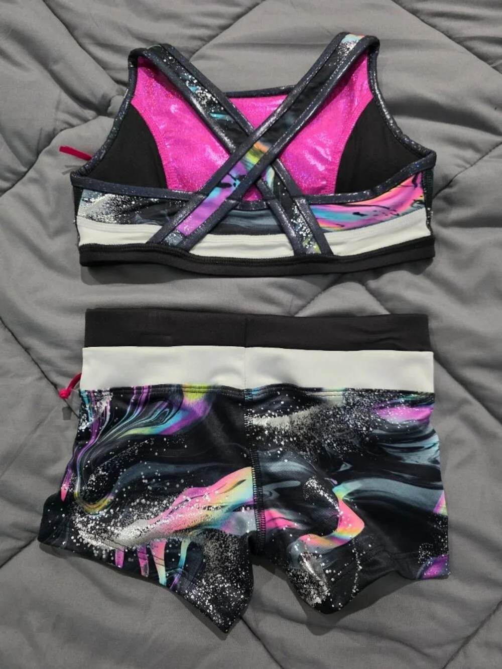 NWT Justice Dance Gym 3 Piece Set Girls XS 5/6 Sports Bra Shorts Skirt